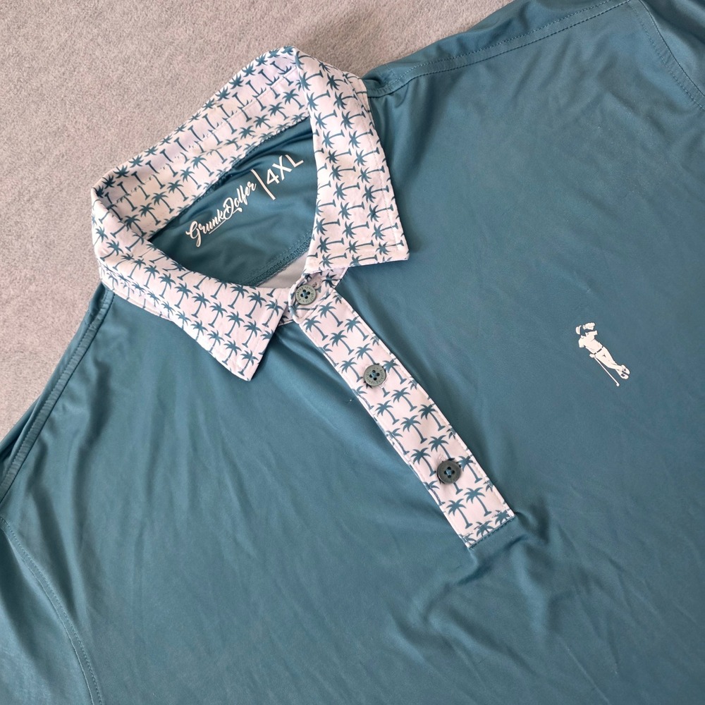 Grunk Dolfer Mens 4XL Golf Polo Shirt Teal Blue Palm Tree Contrast Drinking Logo
